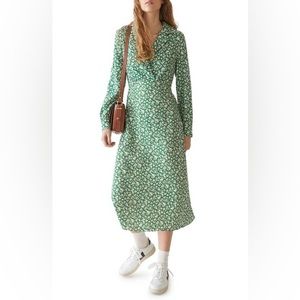& Other Stories Printed Collared Long Sleeve MIDI dress Green Apple Print sz4